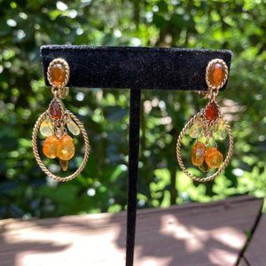 VTG MONET Gold Hoop Amber Drop EARRINGS